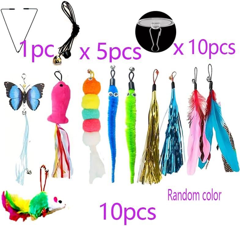 Door Hanging Cat Toys with Suction Cups, Interactive Hanging Feather & Plush Cat Toy with Bell, Assorted Replaceable Refills for Indoor Kitten Hunting Exercise (10 Pcs Assorted Set)