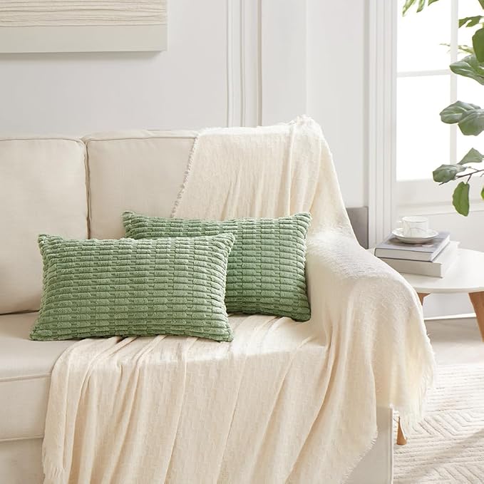 Fancy Homi Sage Green Lumbar Decorative Throw Pillow Covers 14x24 Inch for Living Room Couch Bed Sofa, Rustic Farmhouse Boho Home Decor, Soft Striped Corduroy Rectangle Cushion Case 35x60 cm