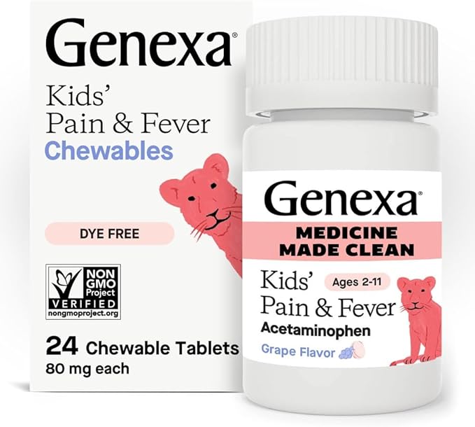 Genexa Kids’ Clean Pain & Fever Acetaminophen Chewables, Dye Free, 0% Artificial Additives, Delicious Grape Flavor, Chewable Medicine for Children 2-11, 80 mg per Tablet, 24ct