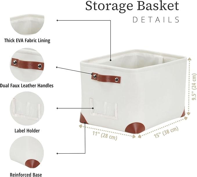 DECOMOMO Storage Bins, Large Fabric Storage Baskets for Shelves 3 Pack | 15 x 11 x 9.5 inches Decorative Linen Closet Organizers with Handles (Creamy White)