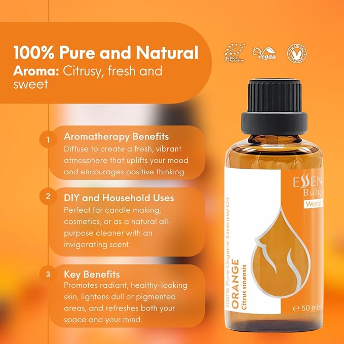 Essences Bulgaria Organic Orange Essential Oil 1.7 Fl Oz 50ml Citrus sinensis - 100% Pure and Natural Undiluted Therapeutic Grade Home Aromatherapy Humidifier Vegan Cosmetic Skincare Candles