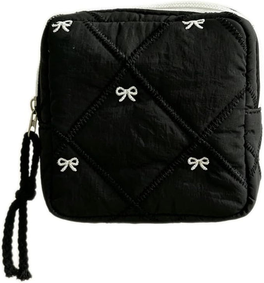 Small Makeup Bag | Discreet Period Bag Pad Pouch for Purse| Sanitary Napkin Storage & Tampon Holder for Travel (Quilted bow black)