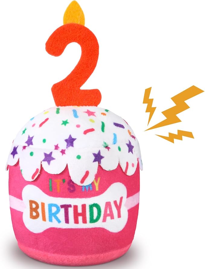 Dansydaisy Dog Birthday Cake Toy Squeaky Plush Gift,2nd,Pink