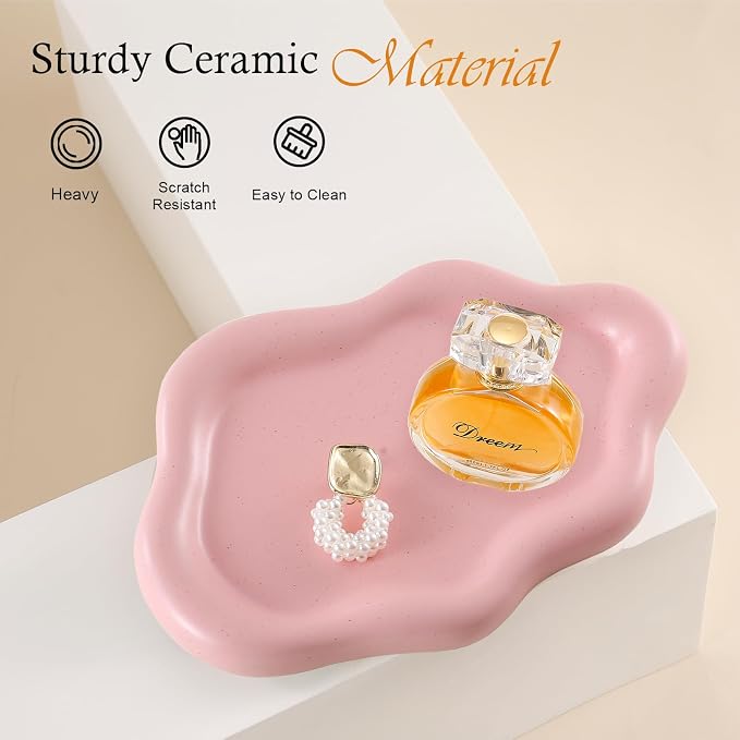 CCINPPY Ceramic Cloud Jewelry Tray Trinket Dish Key Bowl Nightstand Decor | Decorative Small Desk Tray Jewelry Plate Key Holder Bowl Cute Bedroom Room Decor Aesthetic, Gift for Women, Pink Medium