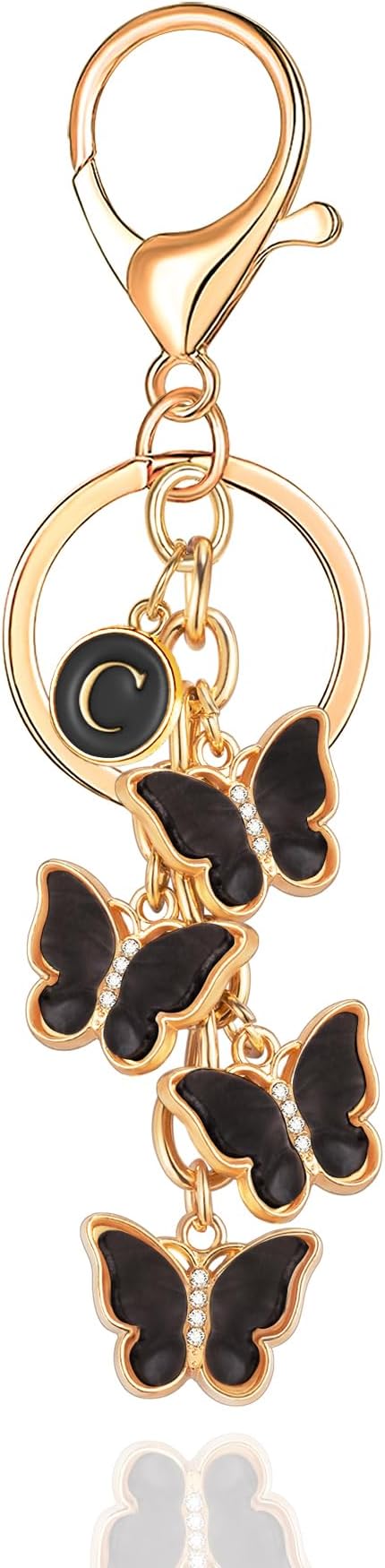 XGALBLA White Pink Black Cute Butterfly Initial Letter Keychain for Women, Butterfly Bag Charms Keyring for Handbags Backpack