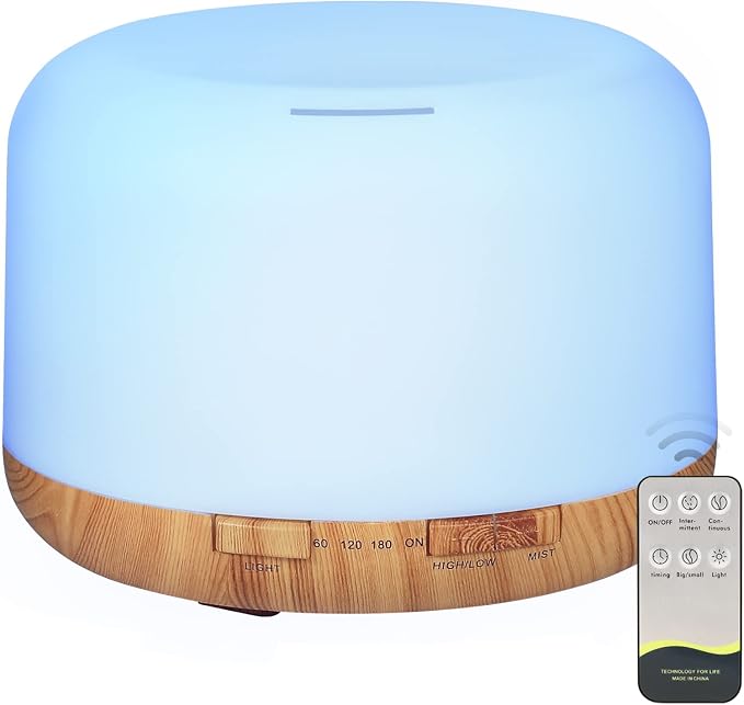 Oil Diffuser, 500ml Essential Oil Diffusers with 2 Mist Mode 4 Timers＆7 Ambient Light Waterless Auto Off, Diffusers Large Room Home Office