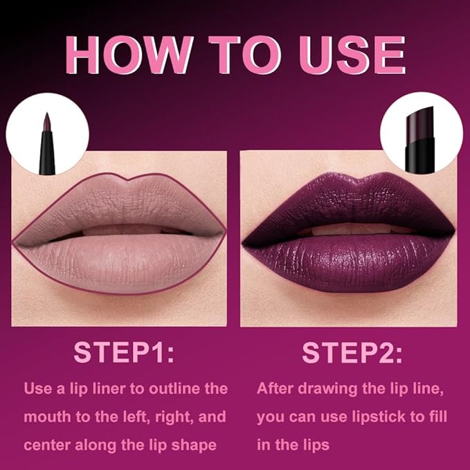 AMY'S DIARY 2Pcs Deep Purple Lipstick and Lip Liner Combo, Lip Liner and Lip Stick Kit for Women, Matte Lip Pencil and Smooth Hydrating Lipstick, Non-Stick Lip Makeup Set (08#Deep Plum Purple)