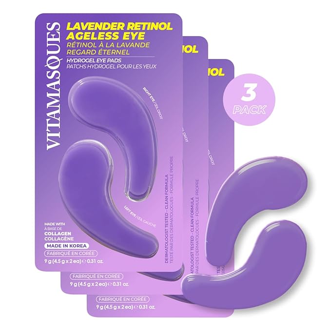 Vitamasques Lavender Retinol Anti Aging Hydrogel Eye Patches for Puffy Eyes and Dark Circles - Under Eye Mask with Collagen Patches for Wrinkles | Korean Skincare Brightening Eye Pads 3 Pack