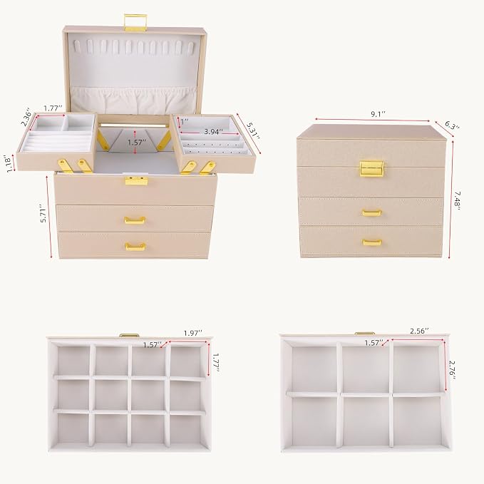 Jewelry Organizer Box, Large Jewelry Boxes for Women Girls, Space-Saving 4 Layers Jewelry Storage Case with Drawer, Movable Metal Stand, Modern, Gift Idea (Champagne + Gold)