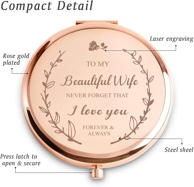 Wife Gifts from Husband, Personalized Gift for Wife, Custom Compact Mirror, Goodie Bag & Basket Stuffers for Valentines Day, Mothers Day, Birthday, Anniversary