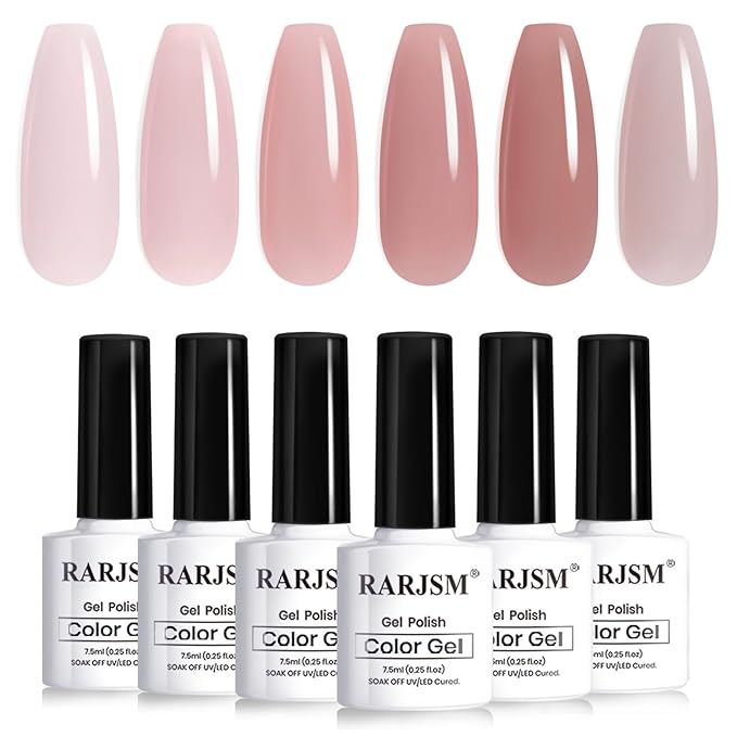 RARJSM Nude Jelly Gel Nail Polish Set Sheer Soft Ivory Blush Beige Rosy Mocha Brown Pink Cashmere Gray 6 Pcs Neutral Skin Tone Colors French Manicure Gelpolish Soak Off Curing Requires for Home Salon
