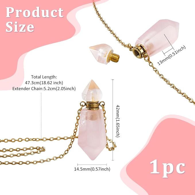 SUPERFINDINGS Natural Rose Quartz Stone Perfume Bottle Pendant Gemstone Crystal Perfume Bottle Essential Oil Necklace Diffuser Necklace Hexagonal Pointed Reiki Chakra Pendant for Woman Men