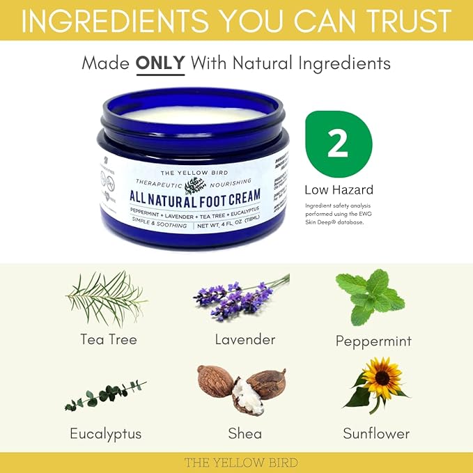 Yellow Bird Natural Tea Tree Foot Cream & Organic Foot Balm for Dry, Cracked Feet & Heels – Peppermint Moisturizer for Athlete’s Foot Relief and Intensive Callus Repair Treatment Salve – Made in USA