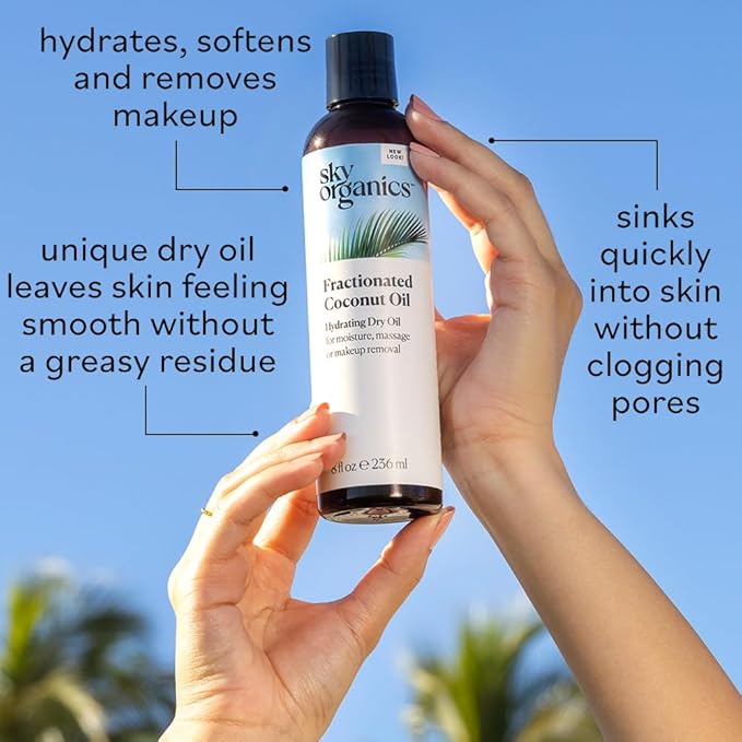 Sky Organics Hydrating fractionated Dry Oil, Coconut Oil, for Moisture, Massage and Makeup Removal, For All Skin Types, 100% Pure and Cold Pressed Multipurpose Body and Face Oil