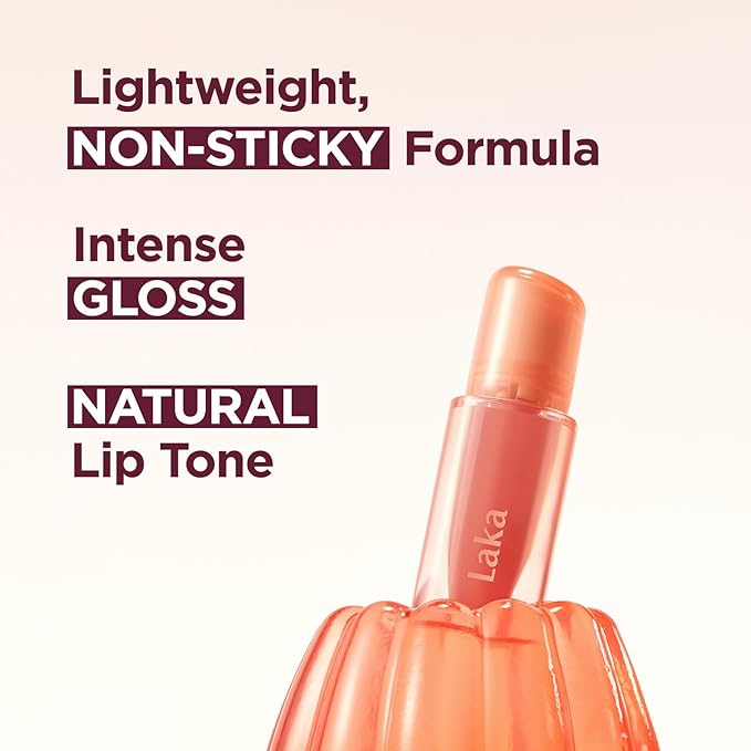 Laka Jelling Nude Gloss, 4.5g/0.15oz, Sheer Hydrating Lip Oil with No Stain, Non-Sticky, Nourishing Gloss for a Fresh, Glowy Look, Vegan, Clean Beauty Makeup, K-Beauty (#303 Peach Ring)