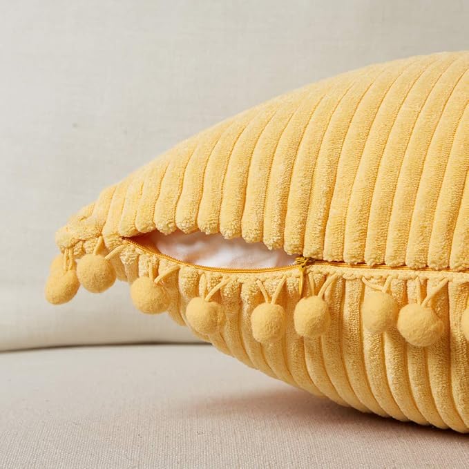 Fancy Homi Pack of 2 Yellow Decorative Throw Pillow Covers 20x20 with Pom-poms, Soft Corduroy Accent Solid Square Cushion Cases Set for Couch Sofa Bedroom Car Living Room (20x20 Inch/50x50 cm, Yellow)
