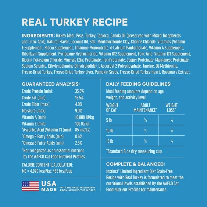 Instinct Limited Ingredient Diet Dry Cat Food, Real Turkey, 11 lb. Bag | Single animal protein and vegetable recipe, raw-coated kibble, cage-free turkey, gentle on sensitive stomachs