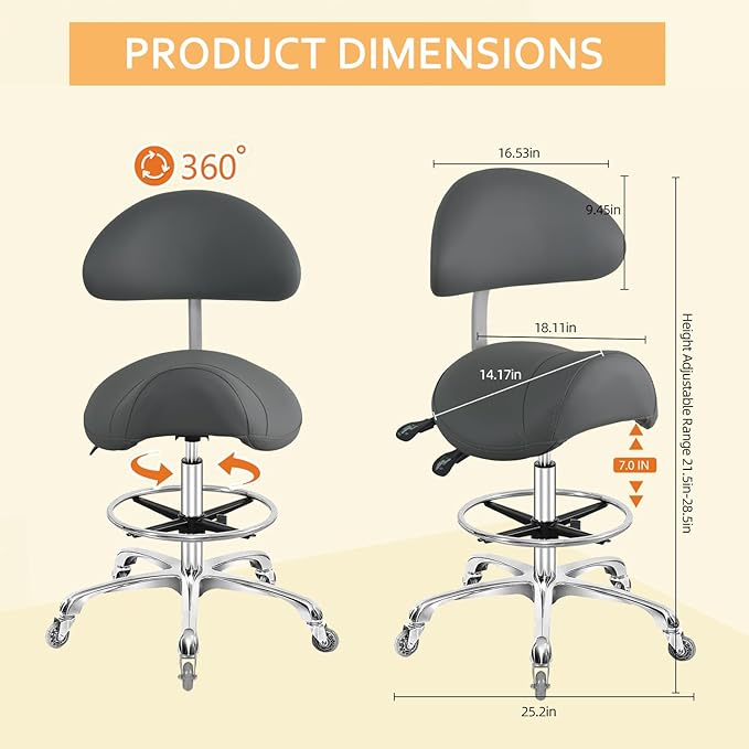 Saddle Stool Chair with Back Support Footrest, Heavy-Duty(350LBS), Hydraulic Rolling Swivel Adjustable Stool Chair for Salon Spa Beauty Massage Dental Clinic Home Office Use(Grey)