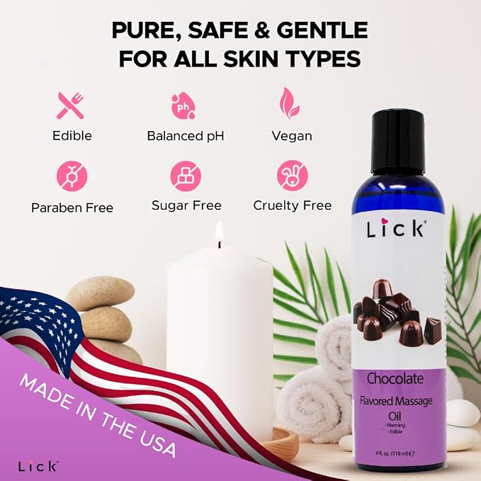 Lick Chocolate Flavored Massage Oil – Rich Dessert-Inspired Edible Massage Oil with Sweet Almond Oil & Vitamin E, Luxurious Glide for Romantic Couples Massage, 4 oz