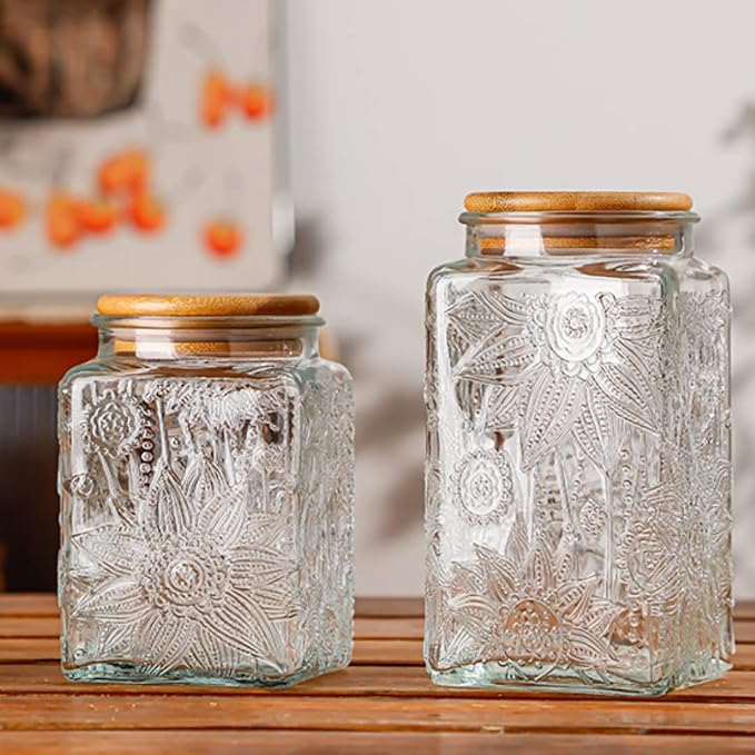 Set of 2 Vintage Glass Storage Jars, Candy Jars with Lids | Coffee Jars, Kitchen Canisters for Coffee Tea Sugar Candy Cookie, Decorative Mason Jars Cute Jars (25.3oz/23.7oz)