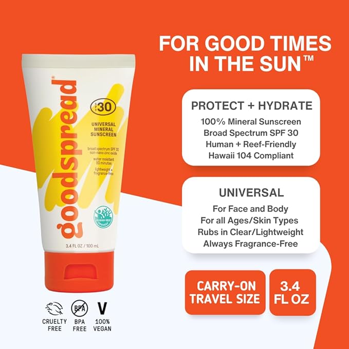 Goodspread Mineral Sunscreen SPF 30 (2-Pack) – Reef-Safe, Non-Nano Zinc, Water-Resistant, Hawaii Compliant, Rubs in Clear, Face & Body, Adults & Kids