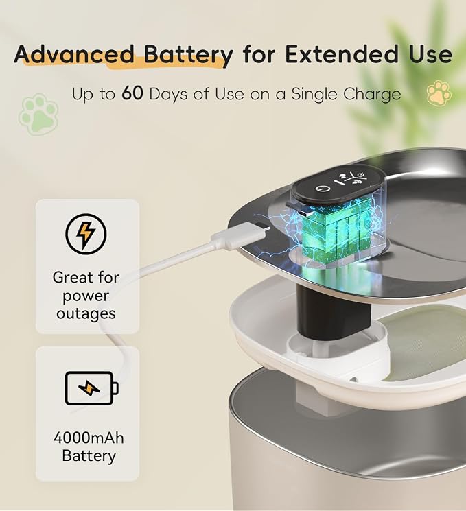 Cat Water Fountain Stainless Steel, 138fl.oz / 4.1L Cordless Cat Fountain | Wireless Pet Fountain; 4000mAh Battery; Indoor; Triple Water Modes; 25 dB Ultra-Quiet