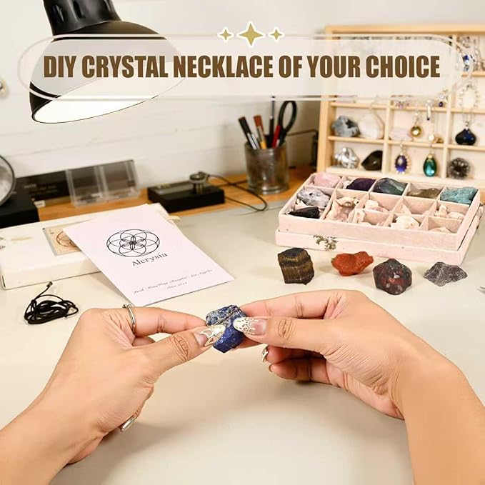 Set of 12 Raw Crystals and Healing Stones, One Stone for Each Month, Chakra, Meditating and Energy Healing Stones, DIY Necklace kit and Clear Quartz Necklace, Handcrafted Gift for Women