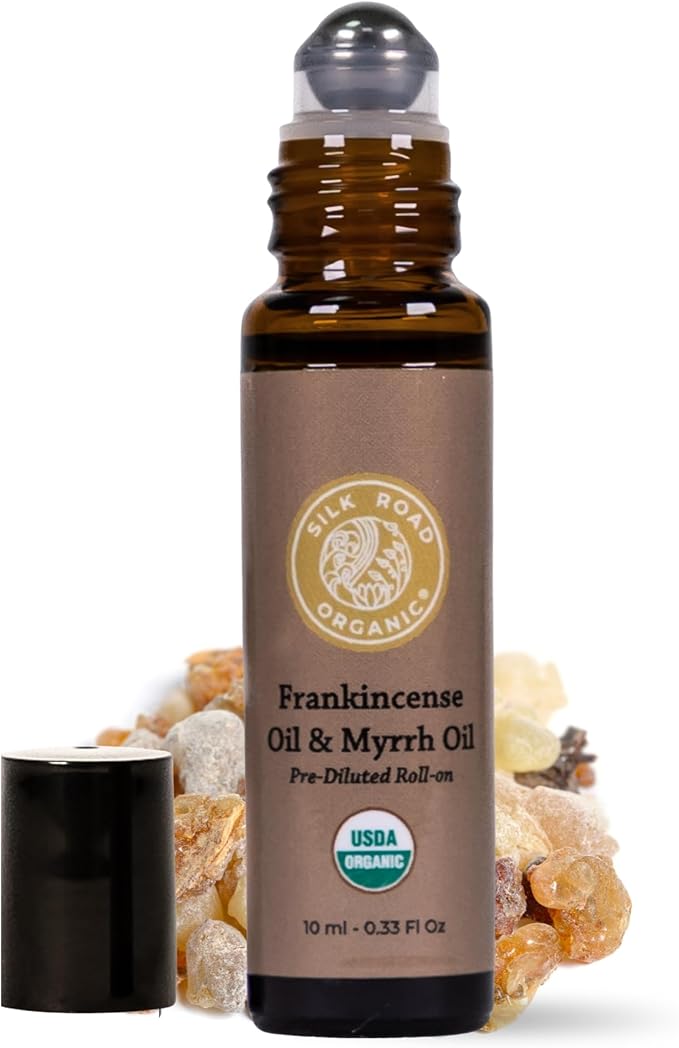 Silk Road Organic Frankincense Oil & Myrrh Essential Oil Roll On, USDA Certified, Body Aches, Stiffness & Tingling - 10 ml Aromatherapy Roller