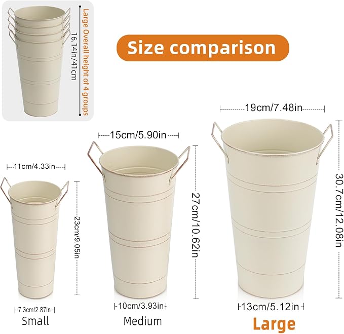 Notakia 12 Inch Large Galvanized Metal Vases Farmhouse French Flower Bucket Vases for Cut Flowers for Home Decor and Wedding Table Centerpiece Decorations (Large Beige 8Pcs)