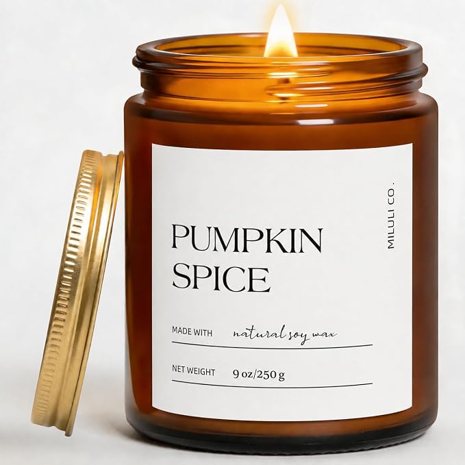 Pumpkin Spice Scented Soy Candle for Home, Natural Aromatherapy Candles with Essential Oils, Nontoxic Clean Burn, Strong Balanced Scent, 50 Hour Longlasting, Amber Jar Candel for Relax(9oz)