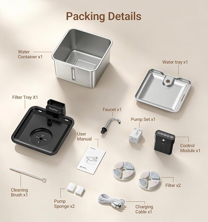 Wireless Cat Water Fountain, Water & Battery Separation, Faucet Design | PETALPAW Cat Fountain Stainless Steel, 4000mAh, 3.5L Cordless Pet Water Dispenser for Indoor Cats & Small Dogs, Silver