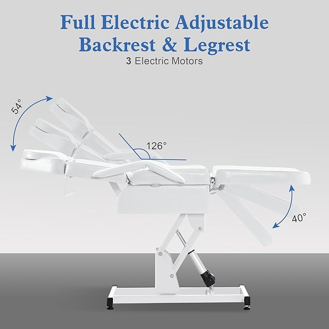 BarberPub Fully Electric Facial Bed with 3 Motor for Esthetician, Electric Tattoo Chair for Client, Facial Bed for Esthetician, Electric Adjustment 2751 (White)