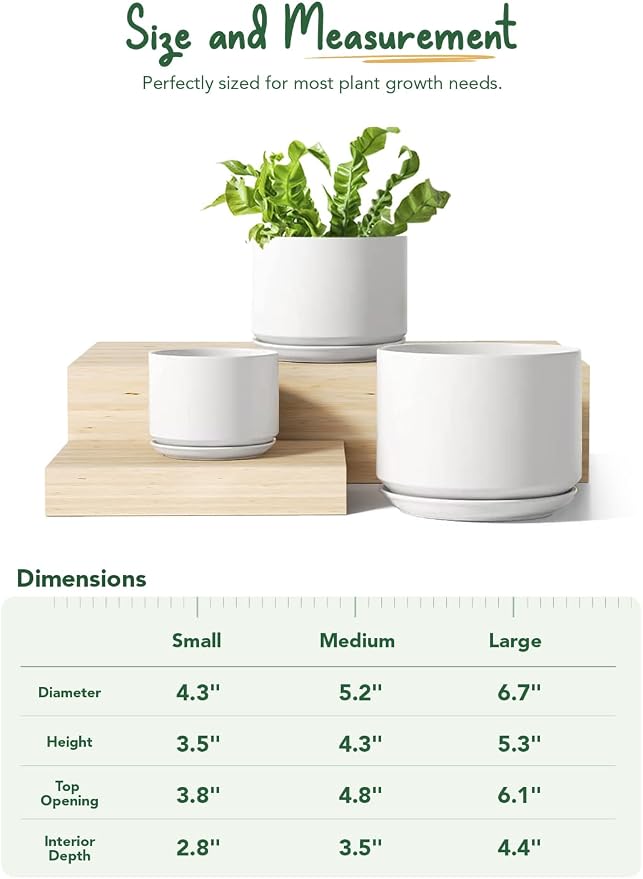 LE TAUCI Ceramic Pots for Plants, 4.3+5.3+6.8 Inch Plant Pots, Indoor Planters with Drainage Hole and Saucer for Succulents, Herbs and Flowers, Set of 3, Satin, White