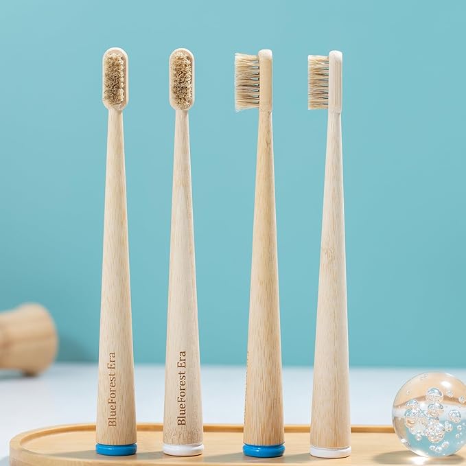 BlueForest Era 4 Pack Boar Bristles & Bamboo Toothbrush, Premium Natural Boar Bristle Toothbrushes for Adult, Plastic & Nylon Free, Fully Biodegradable Compostable Bamboo Tooth Brushes