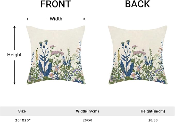 AEIOAE Navy Blue Teal Pillow Covers 20x20 Inch Set of 2, Spring Wildflower Plant Throw Pillows Case,Seasonal Floral Outdoor Decorative Flowers Farmhouse Decor Cushion Covers for Home Sofa Bed Couch