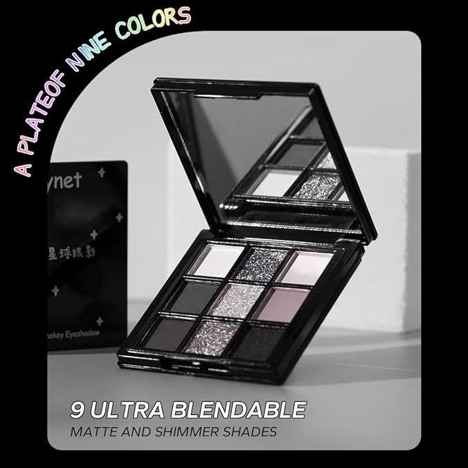 URQT Grey Silver Eyeshadow Palette with Mirror – 9 Highly Pigmented Matte & Shimmer Shades, Long-Lasting Blendable Formula, No Crease 12H+, Smooth Application, Travel-Friendly Cool Tone Eye Makeup