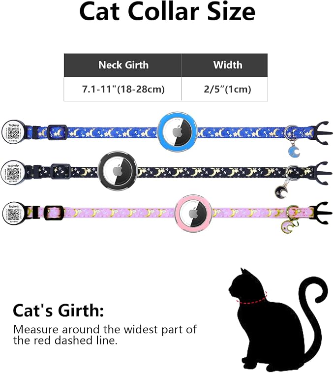 2 Pack Airtag Cat Collar, Breakaway Cat Airtag with Smart ID tag & QR Code Reflective (Moon Stars - Black & Pink, with Integrated AirTag Holder)