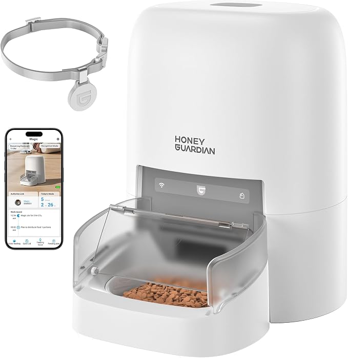 HoneyGuaridan RFID Automatic Cat Feeder with Collar Tag-Activated Personalized Meal, 5G WiFi APP Control Cat Food Dispenser with Diet Tracking and Anti-Theft for Multi Pet Home and Different Diet