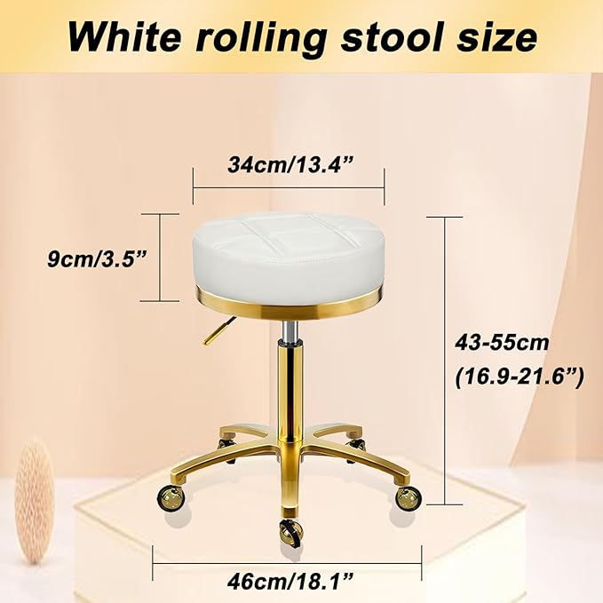 Gold Rolling Vanity Stool with Wheels, Salon Spa Tattoo Massage Pedicure Chair, PU Leather Roller Chair, 43-55cm Height Adjustable Office Work Swivel Stool (White, Without Back)