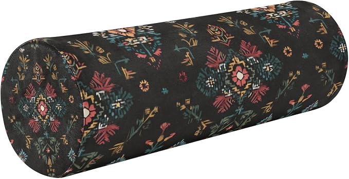 Black Boho Flower Neck Roll Pillow Bolster Round Health Memory Foam Long Cervical Cylinder Pillows with Removable Washable Cover for Body Bed Legs Back Yoga