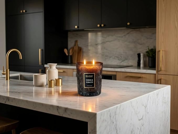 Bellevue Luxury Candles, 12 OZ Soy Blend Candle, Embossed Glass, Fragrances formulated with Essential Oils, Home Fragrances, Scented Candles Gift Set ǀ Scent: Ember & Tobacco