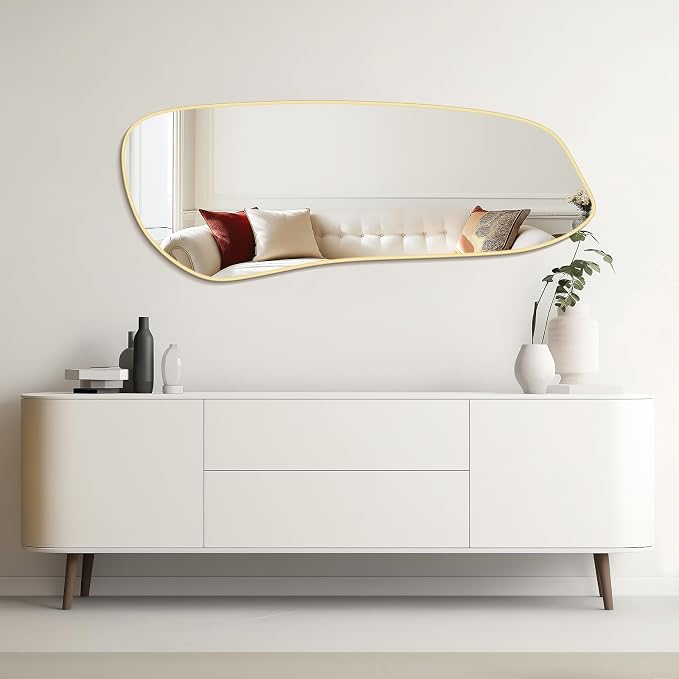 Irregular Wall Mirror, Asymmetrical Mirror Wall Mounted with Gold Framed for Living Room, Bathroom, Bedroom, Entryway Wall Decor, 46"×18", Gold