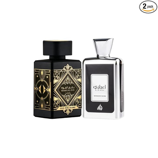 Lattafa Perfumes for Unisex 2 Piece Eau de Parfum Gift Set (Bade'e Al Oud Oud For Glory + Ejaazi Intensive Silver) 3.4 Ounce/100 ml each