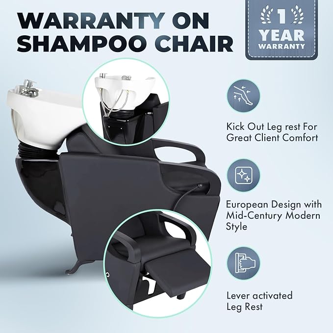 Buy-Rite Luna Noir Shampoo Backwash Unit for Professional Salons - Extra Wide Seat, Black Metal Armrests & Feet, Lever-Activated Leg Rest, Tilting White Porcelain Bowl, YLG-583-1-BLACK