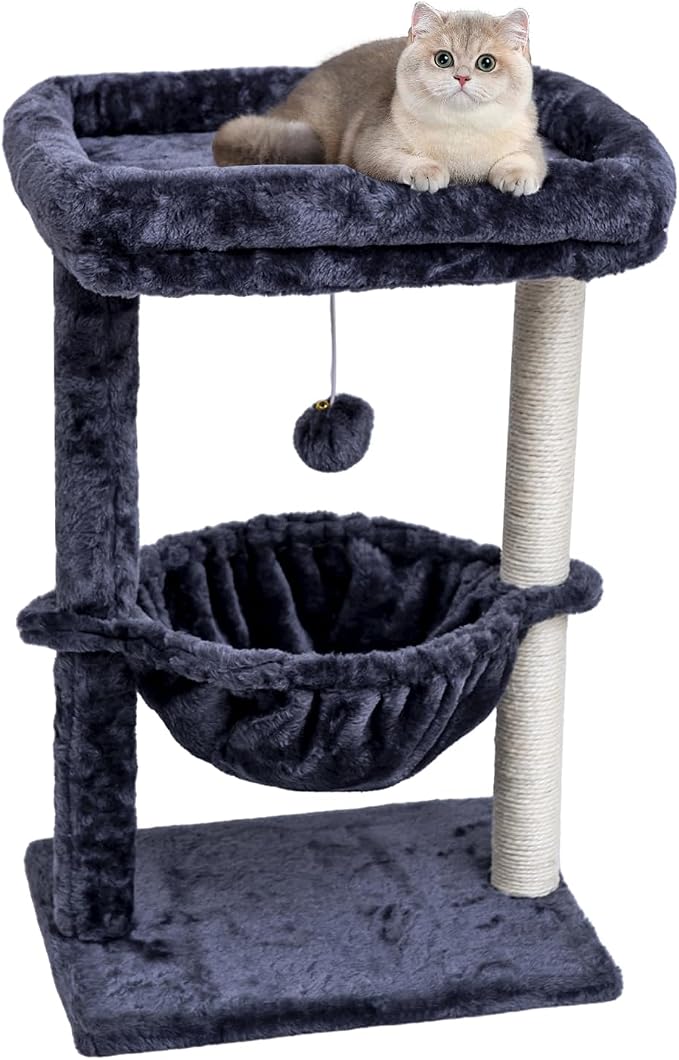 SYANDLVY Small Cat Tree for Indoor Cats, Activity Cat Tower for Kittens | Scratching Post, Cat Condo & Furniture with Basket & Hanging Ball for Play Rest, Smoky