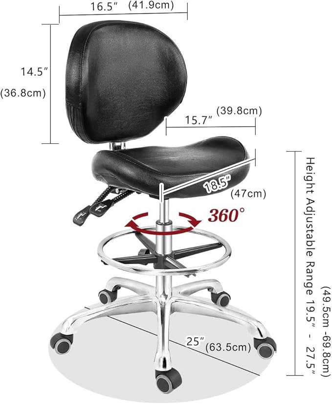 Grace&Grace Drafting Chair Adjustable Tall Shop Stool, Rolling Chair with Backrest and Footrest for Computer, Studio, Workshop, Classroom, Lab, Counter, Home Office (Black)