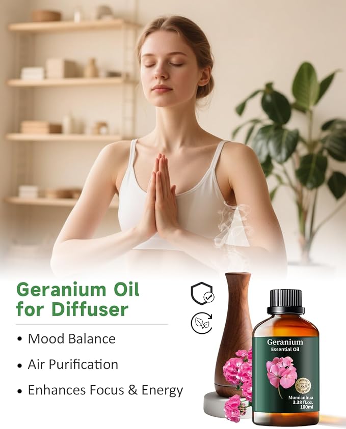 Geranium Essential Oil, Floral Scent, Outdoor & Skin Care, 3.38 Fl Oz | Mumianhua Rose Geranium Oil, Steam-Distilled. Sweet, Rose-Like Aroma. For Garden Spray, Diffuser, Skin, Hair & DIY