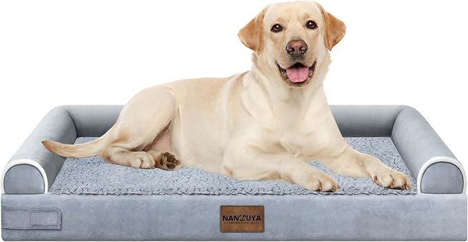 Orthopedic Dog Bed for Large Dogs, 38 x 25 Inch, Light Grey | Egg crate foam for joint support, 3-sided bolster pet sofa, waterproof lining, washable cover, and non-skid base