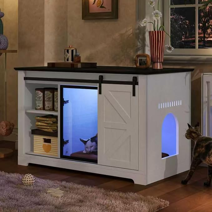 46" Cat Litter Box Furniture with LED, Hidden Litter Box Furniture with Storage, Enclosed Wood Cat House with Stairs & Smart Doors, Farmhouse, Suitable for Living Room Bedroom (46")