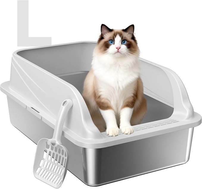 High-Sided Stainless Steel XL Cat Litter Box for Cats | High-sided design prevents urine leakage. Non-stick and easy to clean. Includes scoop.